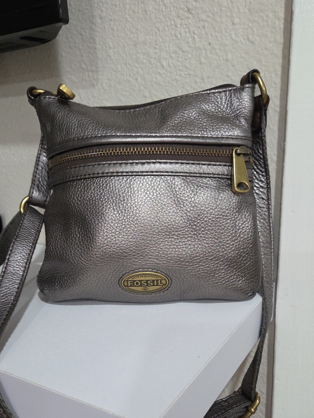 Fossil Metallic Pewter Crossbody Shoulder Bag